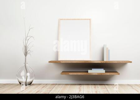 Holzrahmen steht auf rustikalem Holzregal, pastellfarbene Bücher, getrocknete Pflanze in einem Glaskrug auf dem Boden, in hellen Innenraum Wohnzimmer.3D illustrat Stockfoto