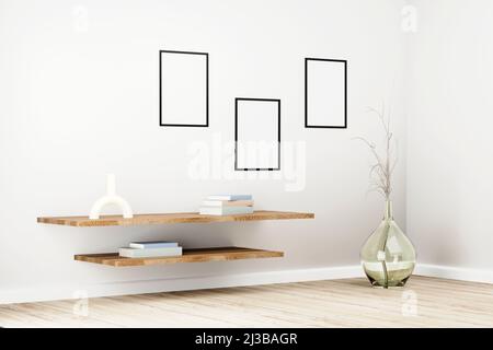 Schwarze Rahmen auf weißer Wand in hellem Innenraum mit Pflanzen auf dem Boden in Glastopf und Büchern auf Holzregalen.3D Render Stockfoto