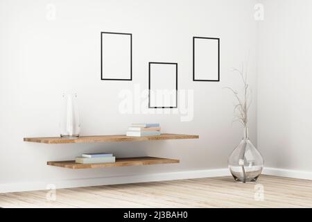 Schwarze Rahmen auf weißer Wand in hellem Innenraum mit Pflanzen auf dem Boden in Glastopf und Büchern auf Holzregalen.3D Render Stockfoto