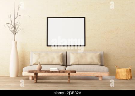 Horizontales Postermockup im neutralen Wohnzimmerstil mit niedrigem Sofa, Keramikkrug, Beistelltisch, Korbkorb und Büchern auf leerer Betonwand Stockfoto