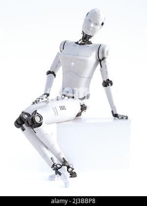 3D Darstellung einer android-Roboterfrau, die lächelnd sitzt und auf einem weißen Würfel posiert. Futuristisches ai-Konzept. Stockfoto