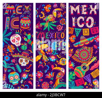 Mexikanische Banner mit Calavera Totenköpfen, Tukanen, Blumen und Gitarren, Vektor-Sombrero und Poncho. Mexiko Urlaub oder Fiesta Party Hintergrund mit Papel picado oder alebrije Chili Pfeffer, Maracas und Kaktus Stock Vektor