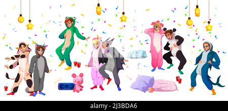 Kigurumi Pyjama Party, junge Menschen in Tierkostümen Frosch, Hai, Kuh und Panda, Fledermaus, Schwein und Einhorn mit Fledermaus Spaß mit Freunden, Konfetti, pi Stock Vektor