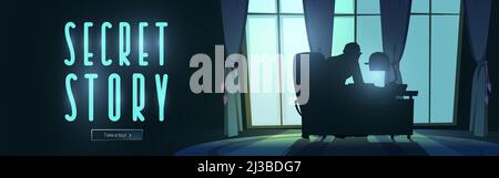 Secret Story Cartoon Web-Banner, Silhouette des Mannes sitzen in der Nacht Büro vor dem breiten Fenster mit Vorhängen und Mondlicht. Principal, Headmaster oder gove Stock Vektor