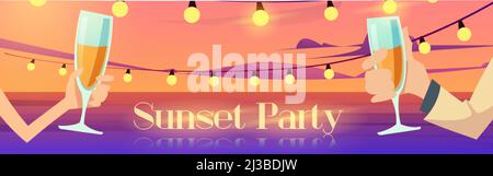 Paar am Abend am Strand romantisches Date Dinner, Mann hält Frau Hand sitzt am Tisch serviert am Meer unter Vollmond in Himmel trinken Champagner, glühen Stock Vektor