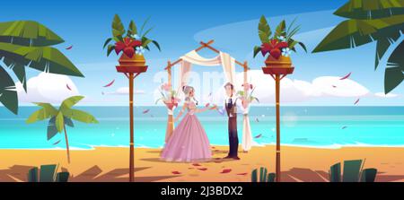 Strandhochzeit, Braut und Bräutigam Brautpaar heiraten unter einem drapierten Bogen am Meer. Heiratszeremonie, Bambusbogen auf Ozeansandstrauch Stock Vektor