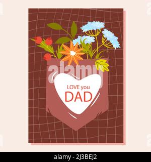 Vatertag, niedliche Grußkarte, Strauß wilder Blumen in der Tasche mit karierten Dads Hemd Stock Vektor