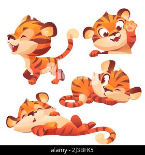 Niedliches Baby Tiger Charakter in verschiedenen Posen. Vektor-Set von Cartoon lustige Kätzchen schlafen, zu Fuß, Gruß und gucken. Kreatives Emoji-Set, Tiermaske Stock Vektor