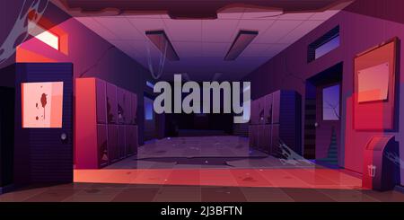 Verlassene Schulflur in der Nacht. Verfallene Korridore mit alten Schließfächern, Spinnennetz an kaputten Wänden und rissige Türen, Löcher im Boden und cr Stock Vektor