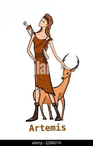 Griechische Mythologie Götter, Artemis, Illustration, weißer Hintergrund, Linienzeichnung. Stockfoto