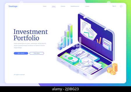 Banner für Investmentportfolios. Finanzdienstleistungen für Investitionen in Aktien und Fonds. Vektor-Landing-Page mit isometrischer Aktentasche mit Währung, Dokumentation Stock Vektor
