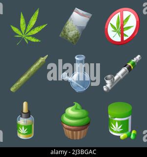 Set aus Cannabisproduktion und -Ausrüstung, Marihuana-Blatt, trockenes Unkraut in Plastiktüte, Verbotsschild und Kerze, Verdampfer, Rauchrohr, Öl, Cupcake Stock Vektor