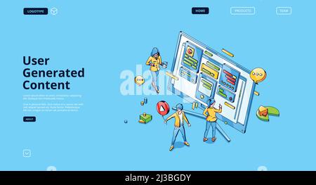 Nutzergenerierte Inhalte isometrische Landing Page, kleine Menschen auf einem riesigen Computer-Desktop mit Grafiken und Dateien, Verbraucher erstellen Medien, Nachrichten und Kunst Stock Vektor