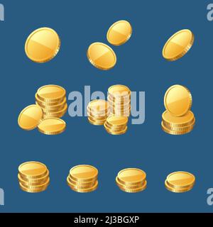 Goldene Münzen, Gold oder Cash Money 3d-Symbole. Gewinnen Sie UI-Elemente, Wohlstand, Gewinn oder Finanzerfolg. Stapel von Dollar, Schatz, Einkommen oder Ersparnisse i Stock Vektor