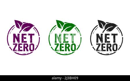 NET Zero und umweltfreundliche Symbol Stempel Symbole in wenigen Farbversionen. CO2 neutral, Ökologie, Umwelt, CO2-Reduktion und grüne Energie Stockfoto