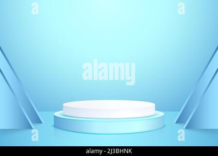 Abstract 3D weißes und blaues zylindrisches Podium mit blauer minimaler Wandbühne zur Produktpräsentation. Geometrisches Plattformvektor-Design. Vektor Stock Vektor