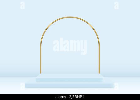 Moderne hellblaue Podien mit pastellfarbenem leeren Raum und goldenem Bogen. Das Konzept eines Atelierraums mit minimaler Bühne für die Produktpräsentation. Stock Vektor