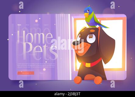 Startseite Haustiere Banner mit niedlichen Hund und Papagei auf dem Hintergrund des Fensters im Haus. Vektor-Landing-Page mit Cartoon-Illustration von lustigen Welpen rottweiler ein Stock Vektor