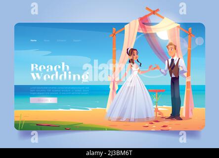 Strandhochzeit Cartoon Landing Page, Braut und Bräutigam heiraten unter drapierten Bogen am Meer. Heiratszeremonie, Bambusbogen auf dem Ozean san Stock Vektor