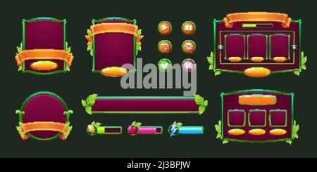 Spielknöpfe und Rahmen mit grünen Rändern und Blättern. Design-Elemente und Anlagen mit Werken für die Benutzeroberfläche. Vektor-Cartoon Satz von Balken, überprüfen Sie ein Stock Vektor