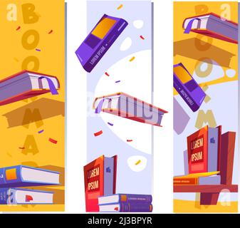Lesezeichenvorlage zum Lesen von Literatur in der Schule oder Bibliothek. Vector vertikale Banner mit Cartoon-Illustration von fliegenden Büchern mit Bändern und sta Stock Vektor
