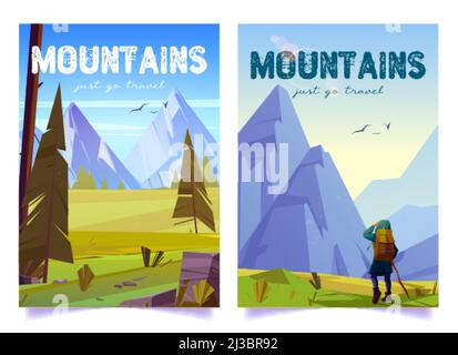 Wanderfrau mit Stock und Rucksack reist im Bergtal. Vektorplakate mit Cartoon-Illustration der Sommerlandschaft mit Felsen, Kiefern und Gir Stock Vektor