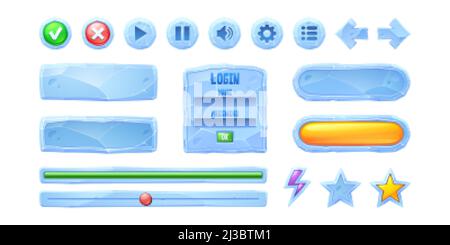 Stellen Sie Fortschrittsbalken, Spiel-Tasten der Eis-Textur. Cartoon eingefrorene Menüoberfläche, ui- oder gui-Elemente. Bedienfeld für Benutzereinstellungen, Schieberegler, Pause und Pfeile, Anmeldung Stock Vektor