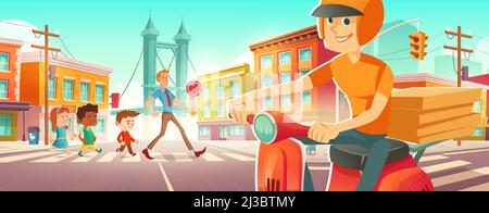 Kinder gehen mit dem Lehrer auf Fußgängerüberwegen. Delivery Mann auf Roller mit Pizza warten auf Straßenkreuzung. Vektor-Cartoon-Illustration von Mann w Stock Vektor
