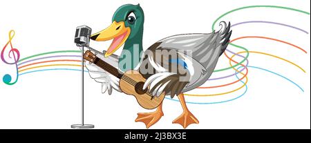 Die Ente spielt Gitarre, Ukulele mit Notenabbildung Stock Vektor