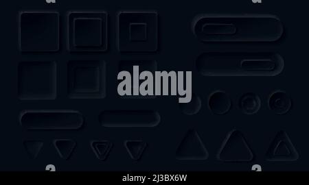 Neumorphic schwarze Tasten für ui-App. Vektor-3d-Designelemente für Benutzeroberfläche, leere Kreis-, Dreieck- und quadratische Soft-Icons, Webformulare und Schieberegler Stock Vektor