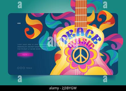 Friedensmusik-Banner mit Hippie-Schild und Gitarre. Retro-Musik von 60s und 70s im Woodstock-Festivalstil. Vektor Landing Page mit Cartoon psychedelisch p Stock Vektor