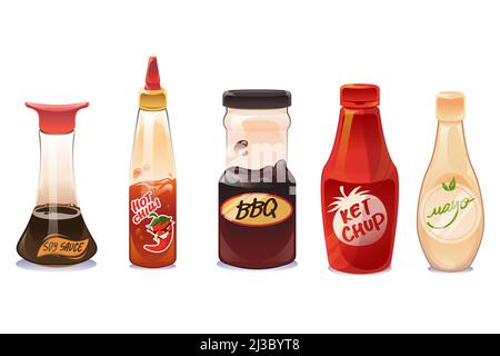 Saucen und Dressings in Glas- und Plastikflaschen isoliert auf weißem Hintergrund. Ketchup, Mayonnaise, bbq, scharfe Chili- und Sojawürze in der Packung. Vec Stock Vektor