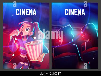 Kinoplakate mit Publikum im Kinosaal. Mädchen mit Popcorn und Paar, das sich einen Film ansieht. Vektor-Flyer mit Cartoon-Illustration von Menschen in c Stock Vektor