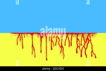 Blutspritzer. Blut fließt auf die Fahne der Ukraine. Blutiges Muster. Konzept Stoppt Verbrechen, Grausamkeit und Krieg. Stockfoto