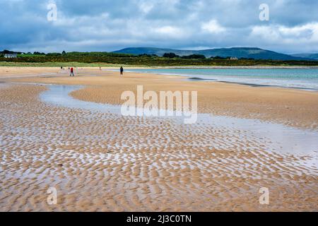 Blick auf den wunderschönen goldenen Sandstrand von Dornoch Beach, der nach Norden in Richtung EMBO in Sutherland, Highland, Schottland, Großbritannien, blickt Stockfoto