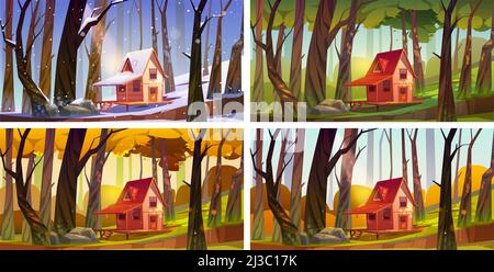 Holzhaus im Wald zu verschiedenen Jahreszeiten. Vektor-Set von Cartoon-Illustration von Winter, Frühling, Sommer und Herbst Landschaft von Wäldern mit Förster Stock Vektor