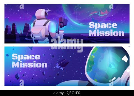 Banner für Weltraummissionen mit Astronaut im Anzug und Helm auf einem fremden Planeten in der fernen Galaxie. Vektor-Header von Kosmos Exploration mit Cartoon-Illustration o Stock Vektor