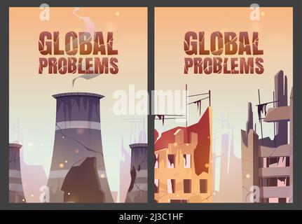Plakate zu globalen Problemen mit zerstörten Stadtgebäuden und Kernkraftwerken nach Krieg oder Naturkatastrophen. Vektor-Banner mit Cartoon gebrochen hous Stock Vektor