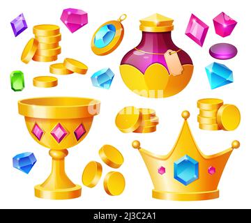 Schatz, magische Gegenstände Goldmünzen, Kristallsteine, Krone, Goldkelch mit Tränenflasche, kostbare Steine und Schmuck, ui-Spielvermögen, Piratenplünderungen isola Stock Vektor