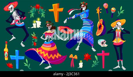 Mexikanischer Tag der Toten, Dia de los muertos Skelette Figuren und Urlaubsartikel. Tanzende Catrina und Mariachi Musiker, Zuckerschädel, Kreuz, Flowe Stock Vektor