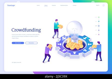 Crowdfunding isometrische Landing Page. Die Menschen spenden Geld für die Unterstützung von Ideen und stecken Münzen in riesige Glühbirnen. Soziale Hilfe, Philanthropie, Spende a Stock Vektor