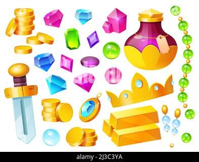 Schatz, magische Gegenstände, goldene Münzen, Kristallsteine, Krone, Schwert und Goldbarren mit Tränke, kostbare Steine und Schmuck, ui-Spielelemente, Piratenklo Stock Vektor