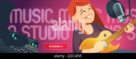 Aufnahme Studio Cartoon Web-Banner, Sängerin Frau mit Gitarre singen in der Musikkabine mit Mikrofon und Ingenieur Aufnahme, Mischen und Mastering Proben Stock Vektor