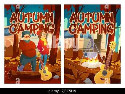 Autumn Camping Cartoon Poster, Mann und Frau Touristen mit rv Wohnwagen, Lagerfeuer und Gitarre in Herbst Wald Camp Landschaft. Touristischer Familienurlaub, Stock Vektor