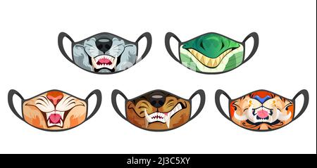 Gesichtsmasken mit beängstigenden Tiermund mit Reißzähne isoliert auf weißem Hintergrund. Vektor Cartoon Satz von schwarzen Tuch medizinische Schutzmasken mit Druck von t Stock Vektor
