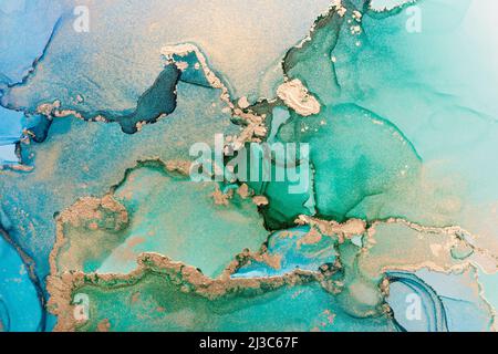 Nahaufnahme von blauer und grüner Alkoholtinte mit abstrakter Textur, trendige Tapeten. Art for Design Projekt als Hintergrund für Einladung, Poster, Präsentation Stockfoto