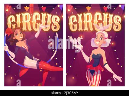 Zirkus-Cartoon-Poster für magische Show-Performance. Big Top Zelt Künstler Luftturnerin Mädchen und Frau mit Tauben. Karneval Unterhaltung auf der Bühne, Inv Stock Vektor