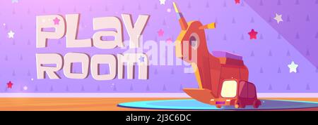 Spielen Zimmer Cartoon Banner mit Kindern Holzspielzeug Schaukeln Einhorn und Auto auf niedlichen Baby Tapete Hintergrund. Einladung zum Kinderbereich, Kindergarten, Kindergärten Stock Vektor