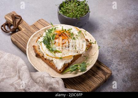 Sandwich mit Spiegelei, Toast, Luzerne und grünen Erbsensprossen mikrogrün zum Frühstück auf grauem Betongrund Stockfoto