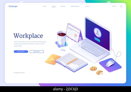 Isometrische Landing Page des Arbeitsbereichs, Heimarbeit, Konzept des Büros im Inland. Freiberufler-Tisch mit Laptop, Kalender, offenem Notizblock, Kaffee mit Keksen a Stock Vektor
